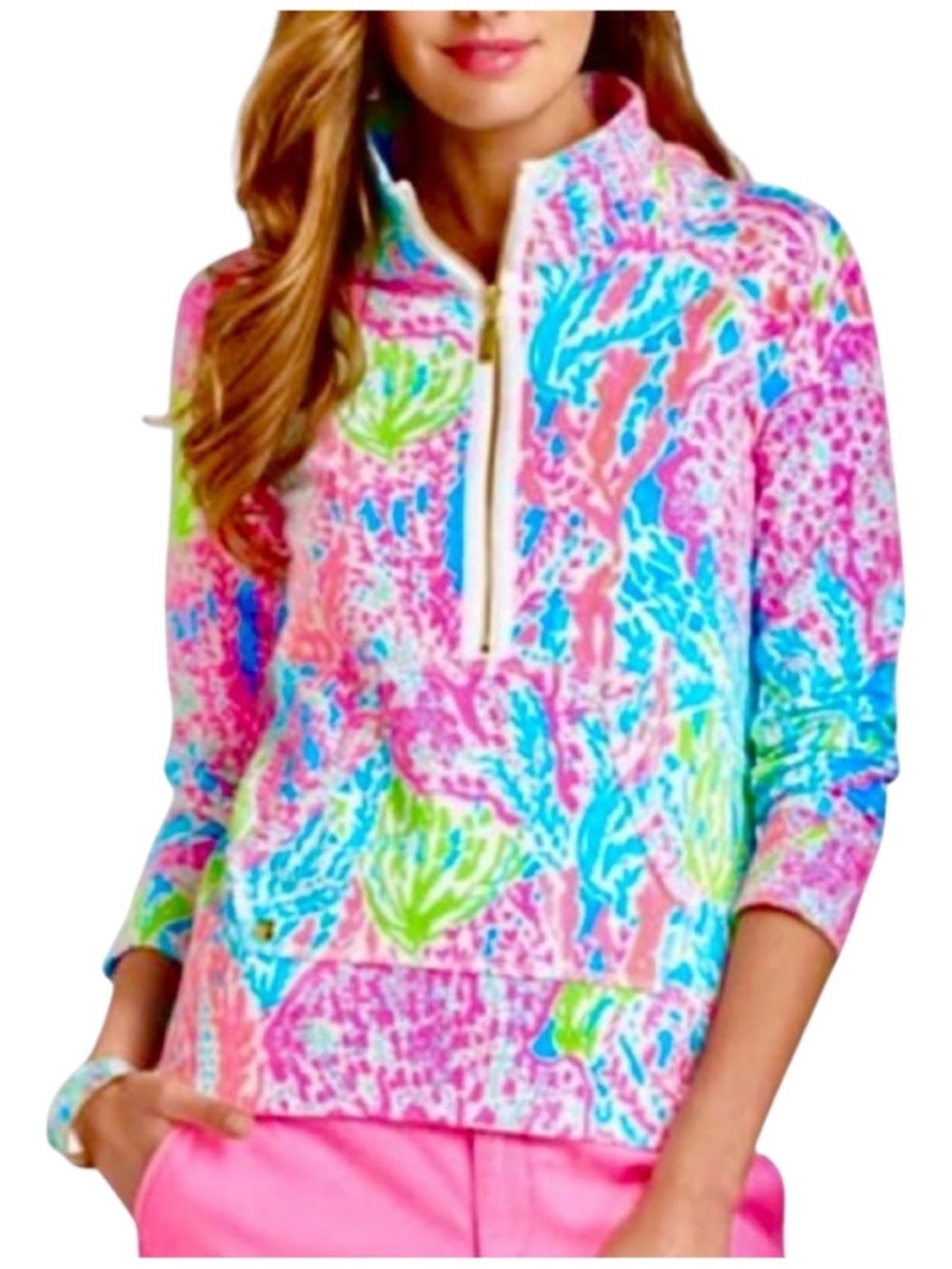 Lilly Pulitzer "Let's Cha Cha" Skipper Popover multicolor coral reef print Sz S